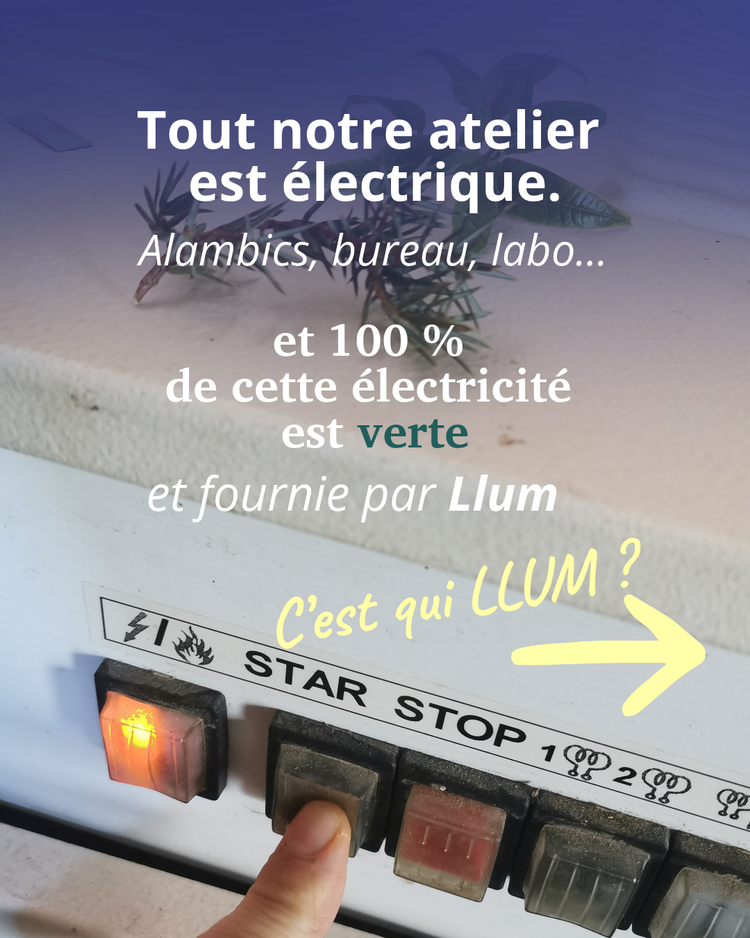 0% nucléaire et + encore 2 Un doigt appuie sur le bouton d'un tableau électrique : tout l'atelier de la distillerie Floraluna est électrique